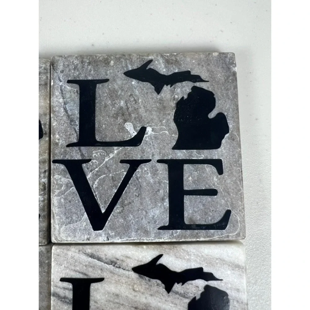 Michigan LOVE Marble Stone Coasters Set of‎ 4 Grey White Natural Veining India